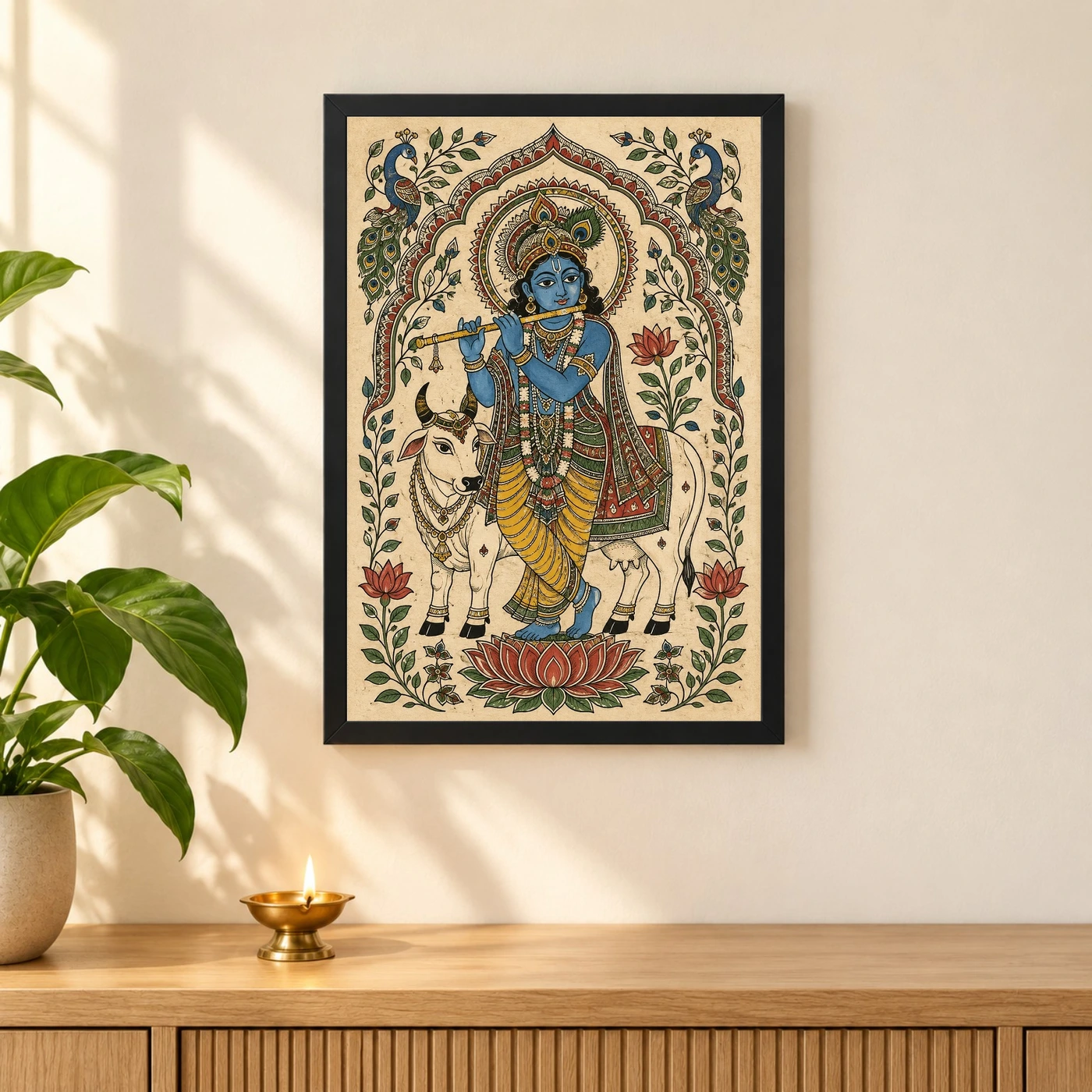 Krishna — Madhubani Folk Art Frame 3 Krishna — Madhubani Folk Art Frame — black frame pooja shelf