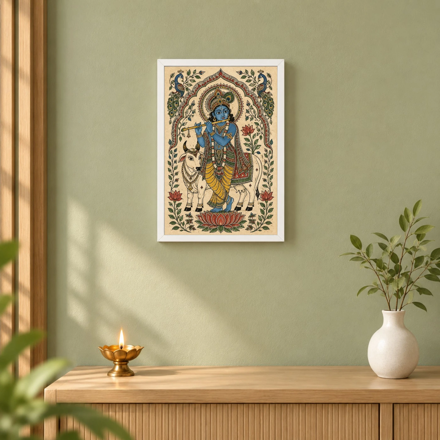 Krishna — Madhubani Folk Art Frame 6 Krishna — Madhubani Folk Art Frame — white frame distant wall
