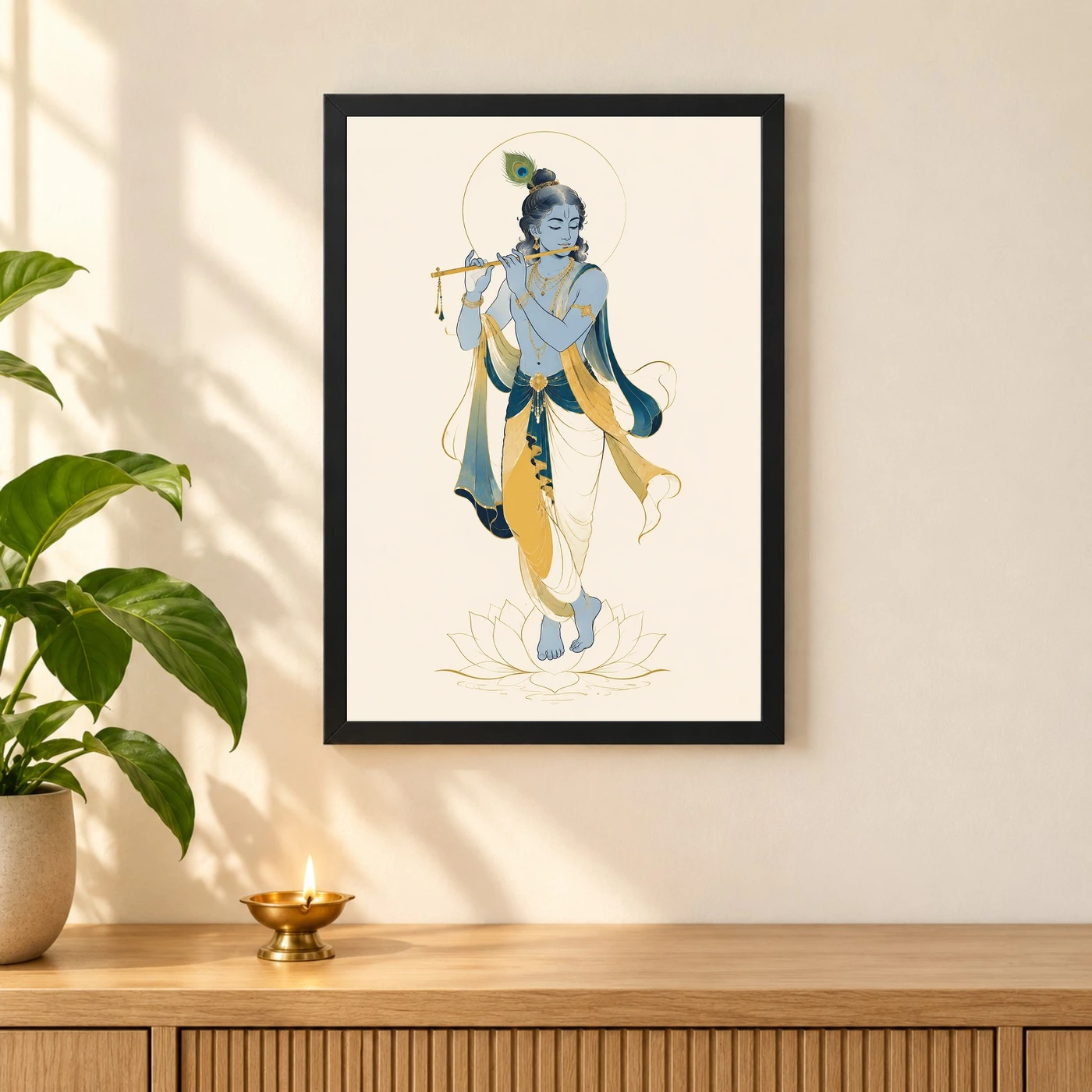 Krishna — Modern Minimalist Ivory Frame 3 Krishna — Modern Minimalist Ivory Frame — black frame pooja shelf