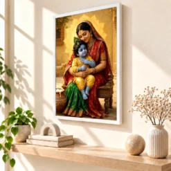 Yashoda with Bal Krishna — Divine Love Frame 15 Yashoda with Bal Krishna — Divine Love Frame — white frame warm console
