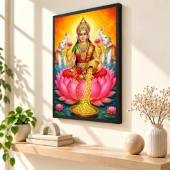 Maa Laxmi — Golden Coins Shower Frame — black frame console