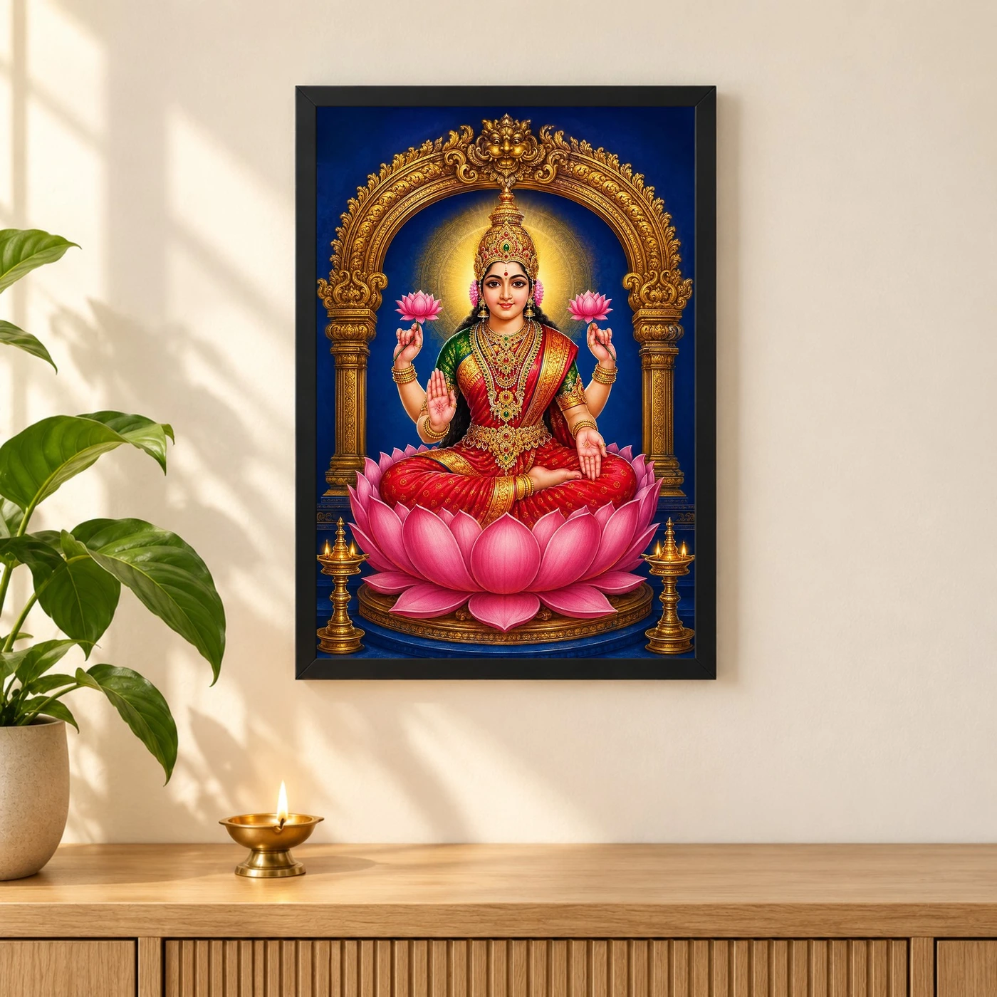 Goddess Lakshmi — Lotus Throne Frame 3 Goddess Lakshmi — Lotus Throne Frame — black frame pooja shelf