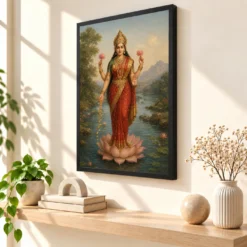 Lakshmi Devi — Raja Ravi Varma Style Portrait Frame — black frame console