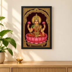 Lakshmi — Tanjore Gold Leaf Traditional Art Frame 11 Lakshmi — Tanjore Gold Leaf Traditional Art Frame — black frame pooja shelf