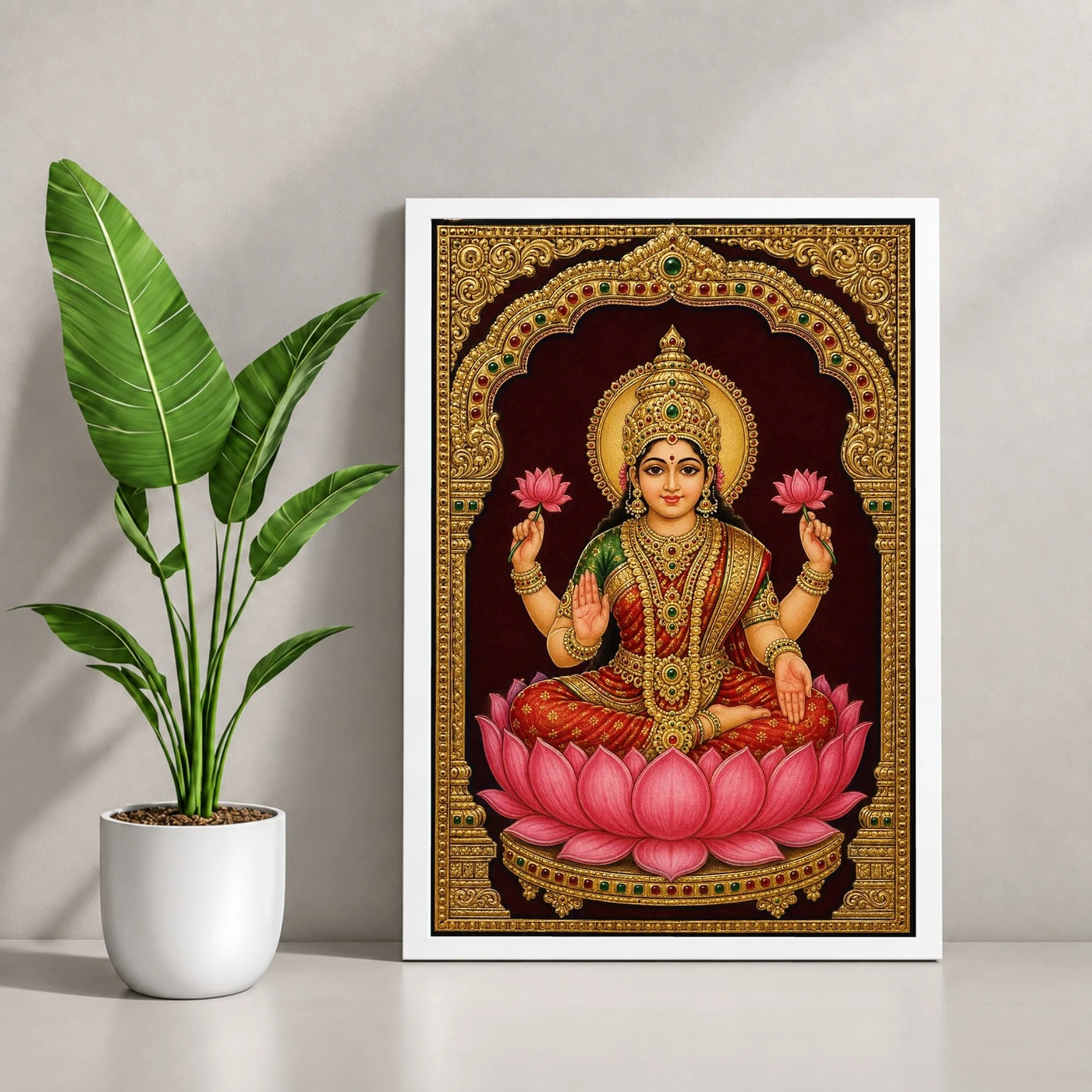 Lakshmi — Tanjore Gold Leaf Traditional Art Frame 4 Lakshmi — Tanjore Gold Leaf Traditional Art Frame — white frame console