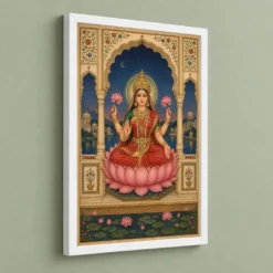 Lakshmi — Royal Rajasthani Miniature Style Frame — white frame angled wall