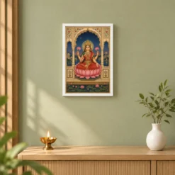 Lakshmi — Royal Rajasthani Miniature Style Frame — white frame distant wall