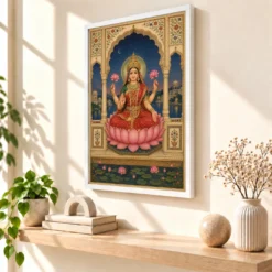 Lakshmi — Royal Rajasthani Miniature Style Frame — white frame warm console