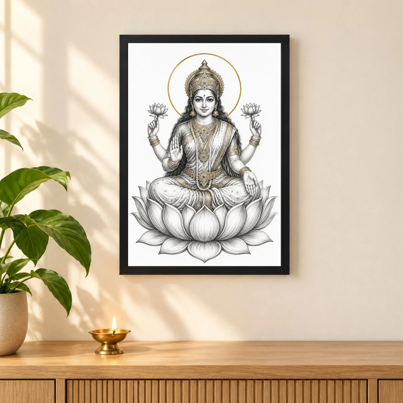 Lakshmi Mata — Monochrome Sketch Art Frame 3 Lakshmi Mata — Monochrome Sketch Art Frame — black frame pooja shelf