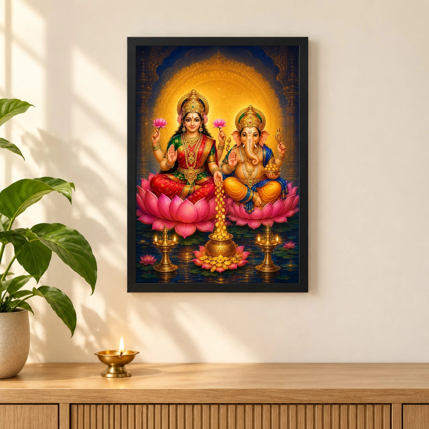 Ganesh Laxmi — Blessings of Fortune Frame 3 Ganesh Laxmi — Blessings of Fortune Frame — black frame pooja shelf