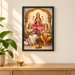 Laxmi Ganesh Saraswati — Tridevi Blessings Frame — black frame pooja shelf