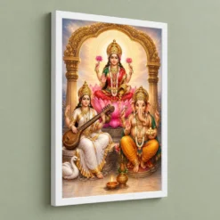 Laxmi Ganesh Saraswati — Tridevi Blessings Frame — white frame angled wall