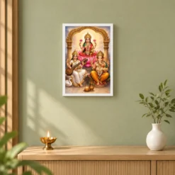 Laxmi Ganesh Saraswati — Tridevi Blessings Frame — white frame distant wall