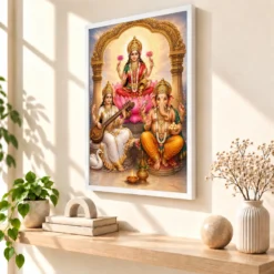 Laxmi Ganesh Saraswati — Tridevi Blessings Frame — white frame warm console