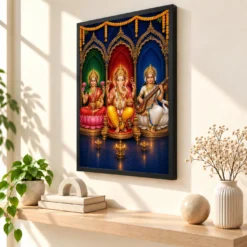 Ganpati Lakshmi Saraswati — Triple Prosperity Frame — black frame console