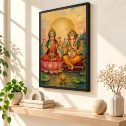 Laxmi Ganesh — Traditional Oleograph Style Frame — black frame console