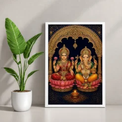 Laxmi Ganesh — Tanjore Art Frame — white frame console