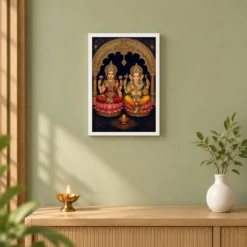 Laxmi Ganesh — Tanjore Art Frame — white frame distant wall