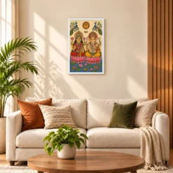 Laxmi Ganesh — Madhubani Folk Art Frame — white frame sofa