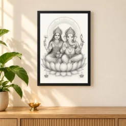 Laxmi Ganesh — Monochrome Sketch Frame — black frame pooja shelf