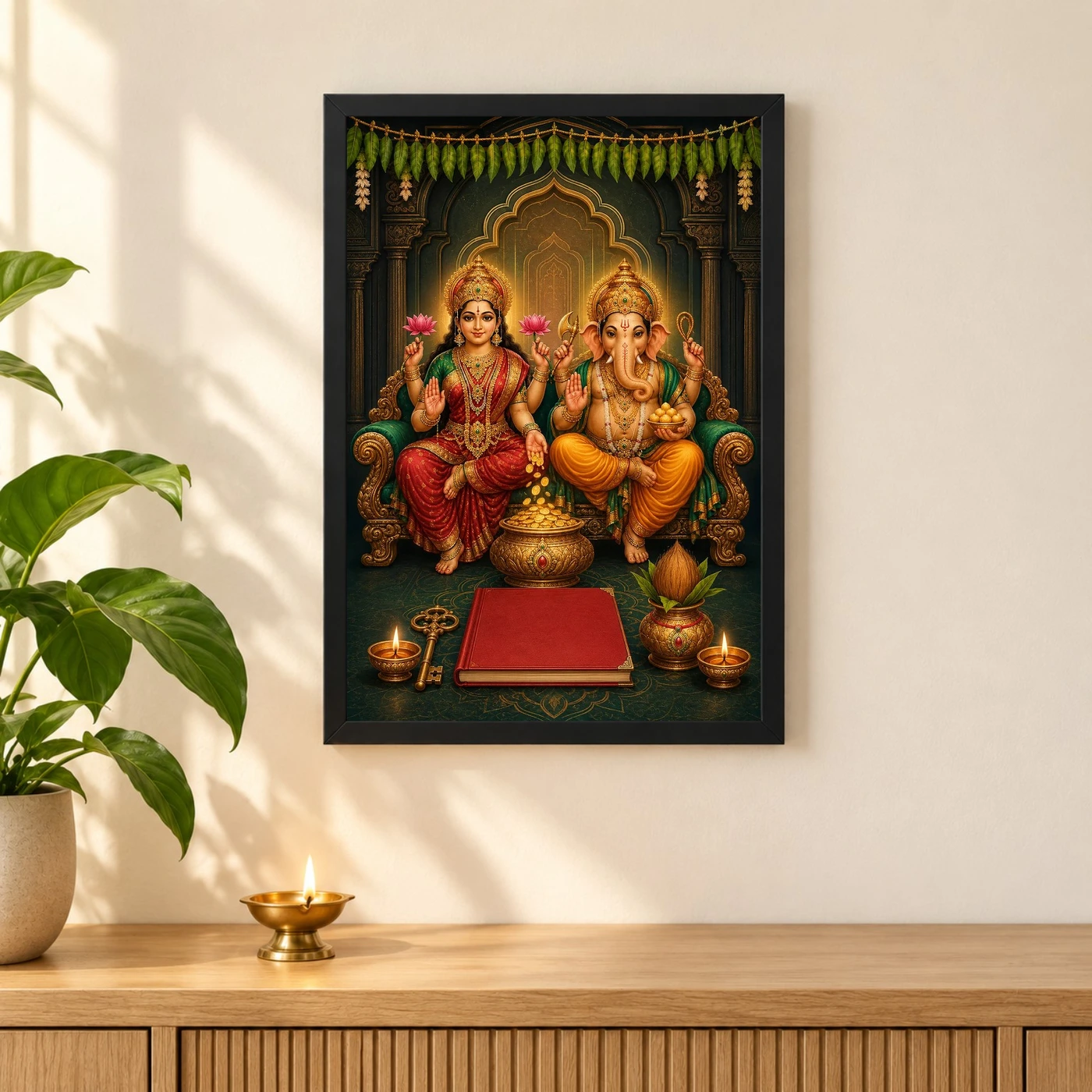 Laxmi Ganesh — New Business Opening Frame 3 Laxmi Ganesh — New Business Opening Frame — black frame pooja shelf