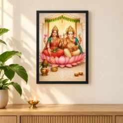 Laxmi Ganesh — Housewarming Gift Frame — black frame pooja shelf