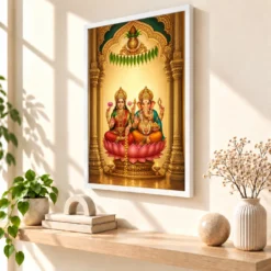 Laxmi Ganesh — Main Entrance Frame (Vertical) — white frame warm console