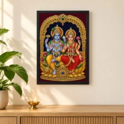 Lakshmi Narayan — Tanjore Traditional Art Frame 11 Lakshmi Narayan — Tanjore Traditional Art Frame — black frame pooja shelf