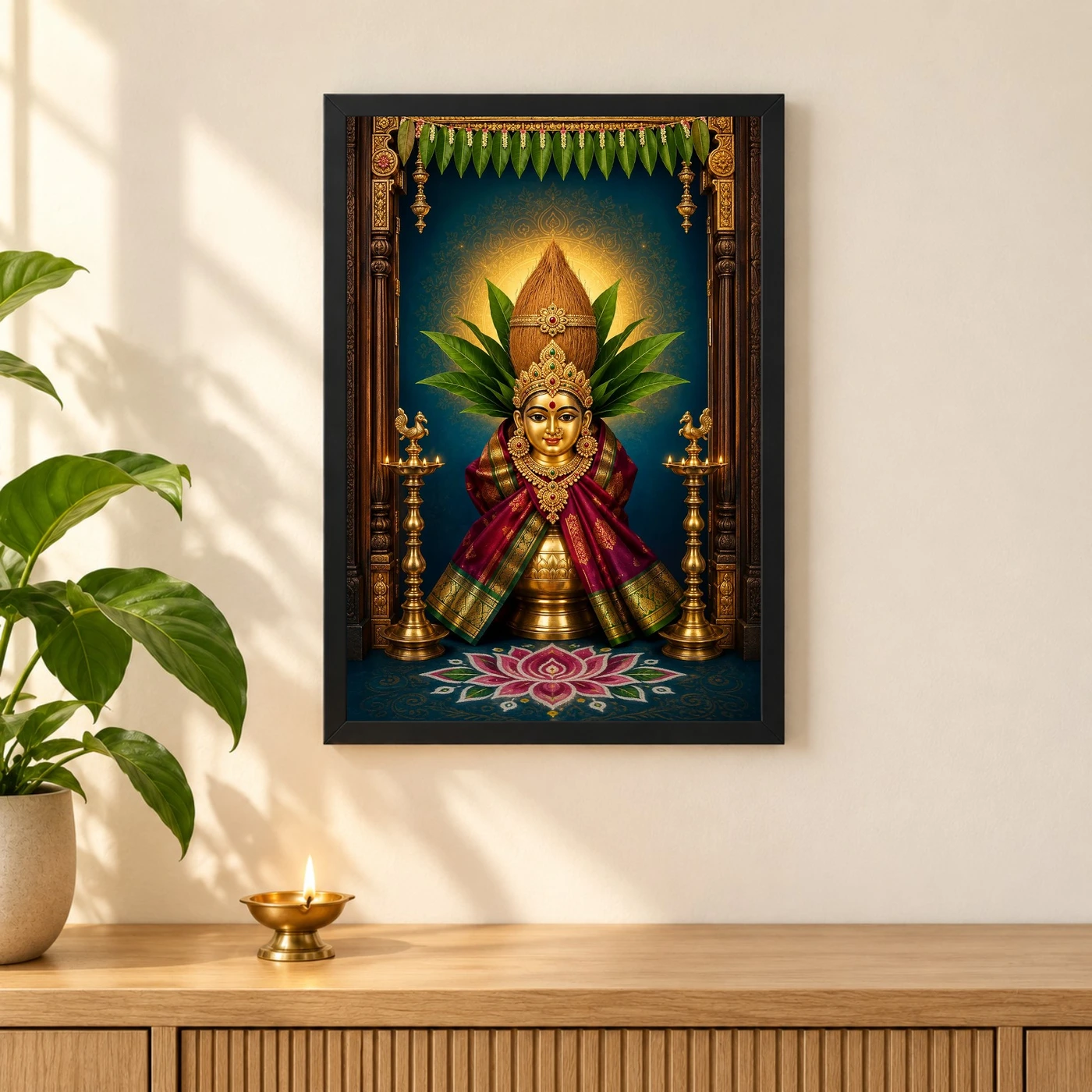 Varalakshmi — Vertical Entrance Frame 3 Varalakshmi — Vertical Entrance Frame — black frame pooja shelf