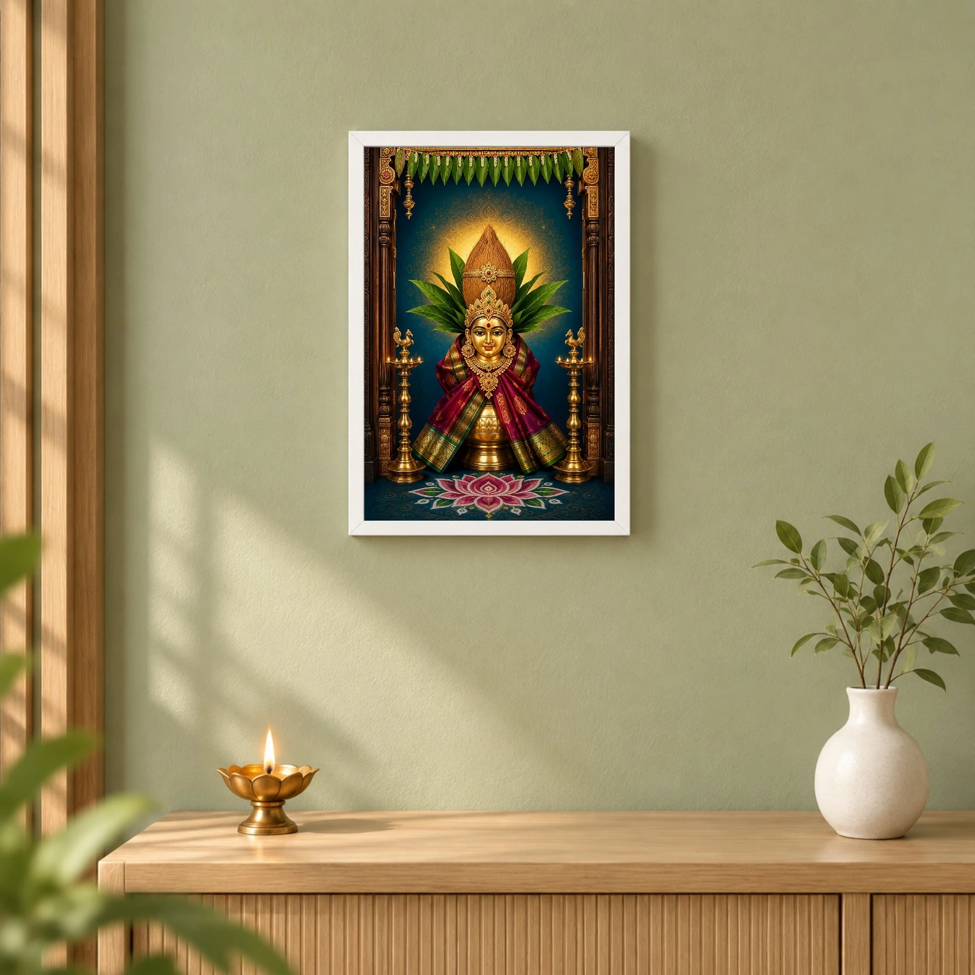 Varalakshmi — Vertical Entrance Frame 6 Varalakshmi — Vertical Entrance Frame — white frame distant wall