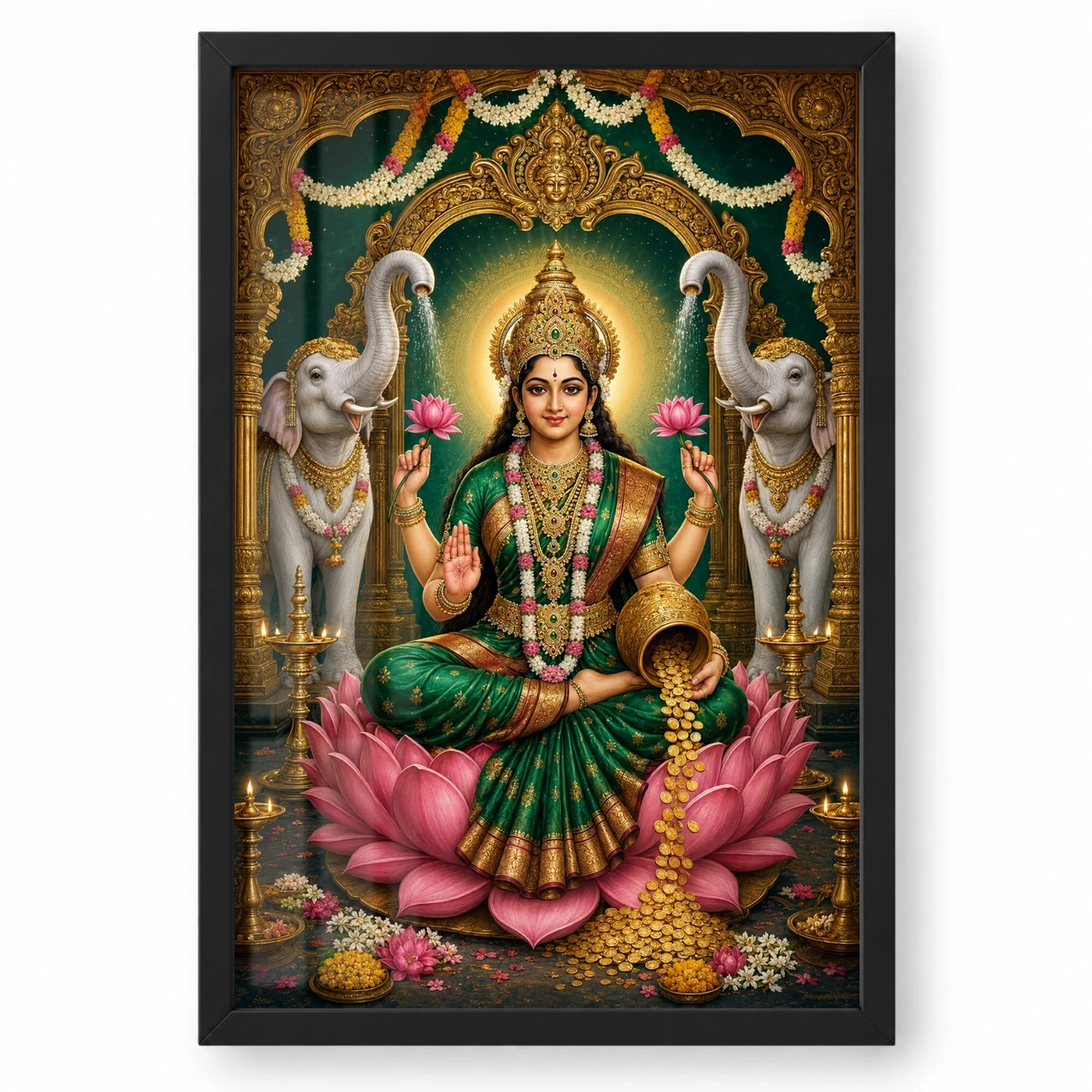 Varalakshmi Photo Frame with Elephants – Royal Emerald Art 1 Varalakshmi Photo Frame with Elephants – Royal Emerald Art — black frame clean