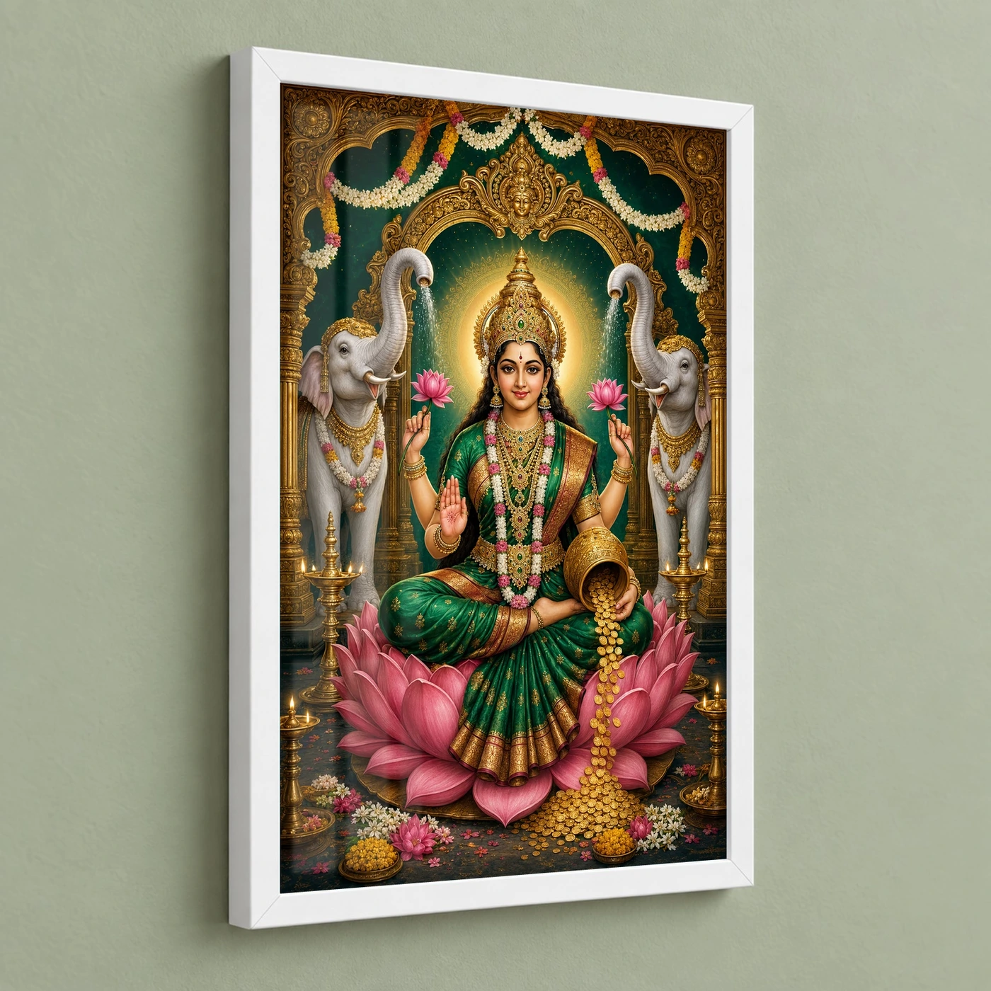 Varalakshmi Photo Frame with Elephants – Royal Emerald Art 5 Varalakshmi Photo Frame with Elephants – Royal Emerald Art — white frame angled wall
