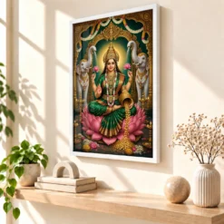 Varalakshmi Photo Frame with Elephants – Royal Emerald Art 15 Varalakshmi Photo Frame with Elephants – Royal Emerald Art — white frame warm console