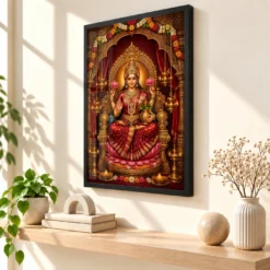 Red Varalakshmi Photo Frame – Royal Temple Throne Art — black frame console
