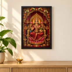 Red Varalakshmi Photo Frame – Royal Temple Throne Art — black frame pooja shelf
