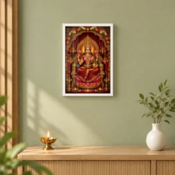 Red Varalakshmi Photo Frame – Royal Temple Throne Art — white frame distant wall