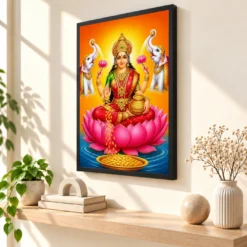 Classic Gaja Varalakshmi Photo Frame – Saffron Lotus Art — black frame console