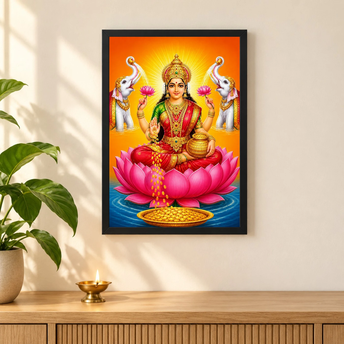 Classic Gaja Varalakshmi Photo Frame – Saffron Lotus Art 3 Classic Gaja Varalakshmi Photo Frame – Saffron Lotus Art — black frame pooja shelf