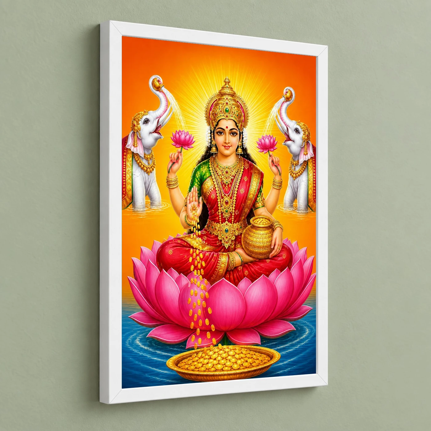 Classic Gaja Varalakshmi Photo Frame – Saffron Lotus Art 5 Classic Gaja Varalakshmi Photo Frame – Saffron Lotus Art — white frame angled wall