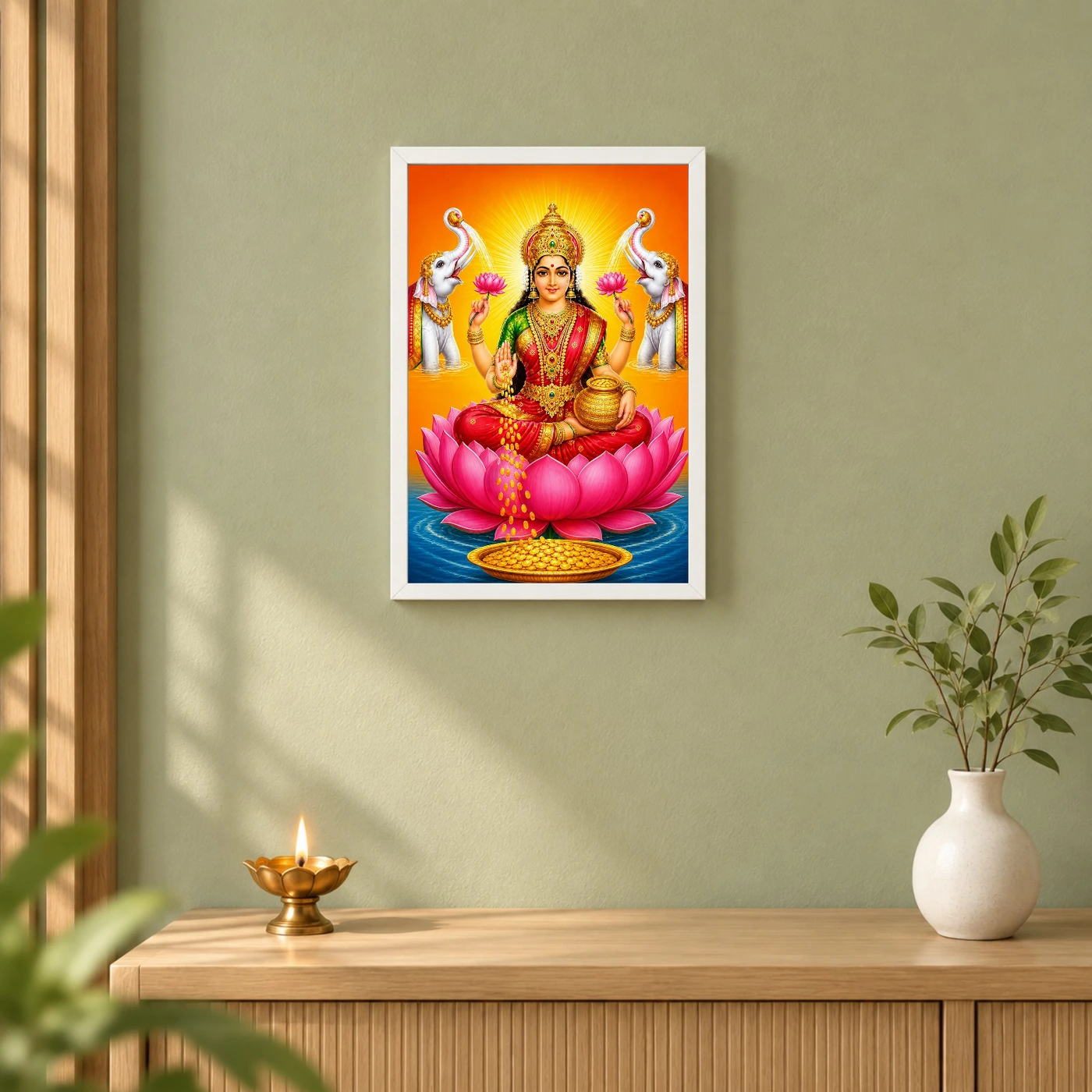 Classic Gaja Varalakshmi Photo Frame – Saffron Lotus Art 6 Classic Gaja Varalakshmi Photo Frame – Saffron Lotus Art — white frame distant wall