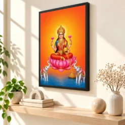 Varalakshmi Photo Frame with Elephant Guardians – Orange Art — black frame console