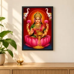 Close Portrait Varalakshmi Photo Frame – Lotus & Coin Art — black frame pooja shelf