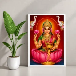 Close Portrait Varalakshmi Photo Frame – Lotus & Coin Art — white frame console