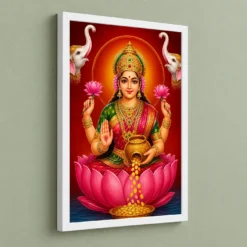 Close Portrait Varalakshmi Photo Frame – Lotus & Coin Art — white frame angled wall