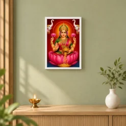 Close Portrait Varalakshmi Photo Frame – Lotus & Coin Art — white frame distant wall