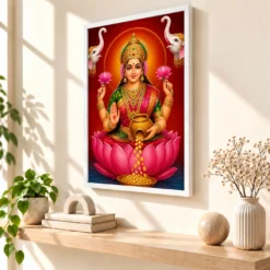 Close Portrait Varalakshmi Photo Frame – Lotus & Coin Art — white frame warm console