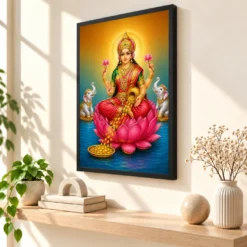 Angled Lotus Throne Varalakshmi Photo Frame – Red Green Art — black frame console
