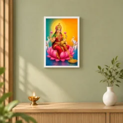 Diagonal Prosperity Varalakshmi Photo Frame – Teal Red Art 14 Diagonal Prosperity Varalakshmi Photo Frame – Teal Red Art — white frame distant wall