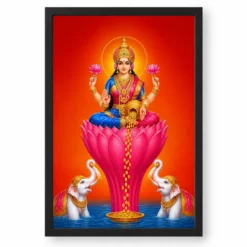 Tall Lotus Varalakshmi Photo Frame – Red Blue Prosperity Art — black frame clean