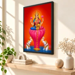 Tall Lotus Varalakshmi Photo Frame – Red Blue Prosperity Art — black frame console